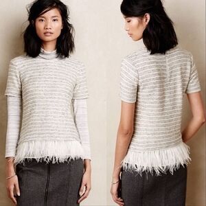 Anthropologie Deletta Feather Trim Boucle Knit Sweater Short Sleeve Lined LP